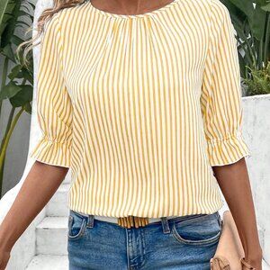 Yellow Casual Women's Striped Button Back Detail Shirt